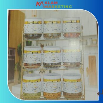 Série De 9 Pots a Épices Pour Cuisine en verre avec Support Doré